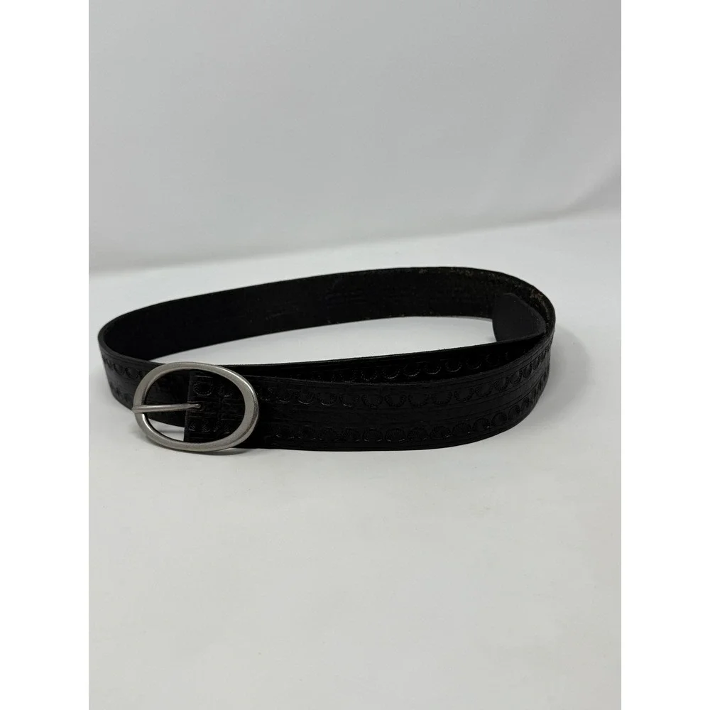 Liz Claiborne Black‎ Genuine Leather Embossed scallop Pattern Belt Silver Buckle